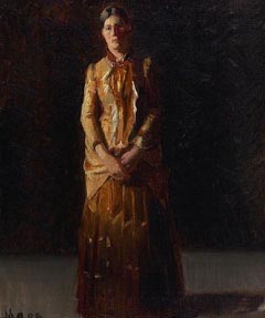 Michael Ancher Portrait of Anna Ancher Standing in a Yellow Dress by her husband Michael Ancher